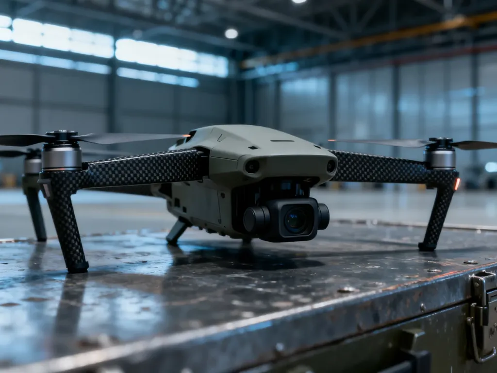 Kompaktowy dron bojowy o minimalistycznej konstrukcji z włókna węglowego spoczywający na metalowej powierzchni.