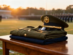 Wojskowy beret na drewnianym stole w otoczeniu symboli narodowych, nawiązujący do tematyki służby wojskowej.