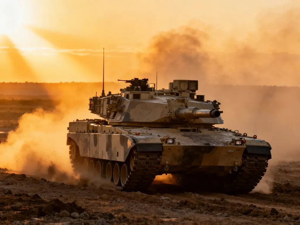 Czołg M1 Abrams manewrujący w trudnym terenie podczas zachodu słońca, wzbijający tumany kurzu.