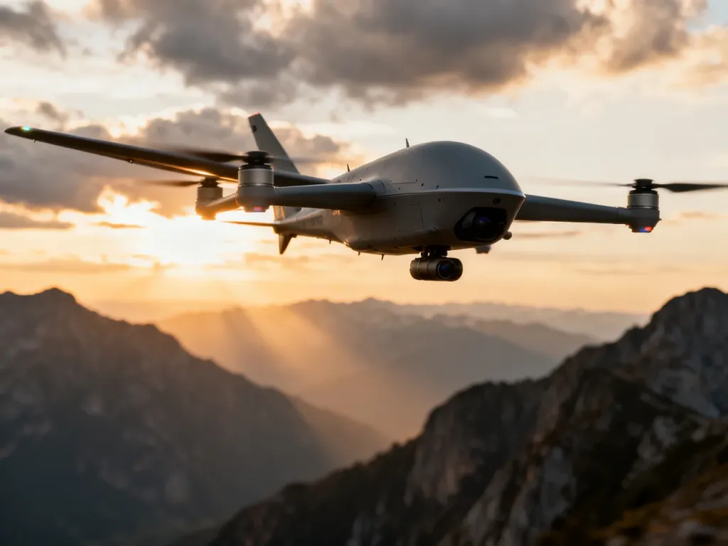 Nowoczesny dron wojskowy z zaawansowanymi sensorami lecący na tle górskiego krajobrazu podczas zachodu słońca.