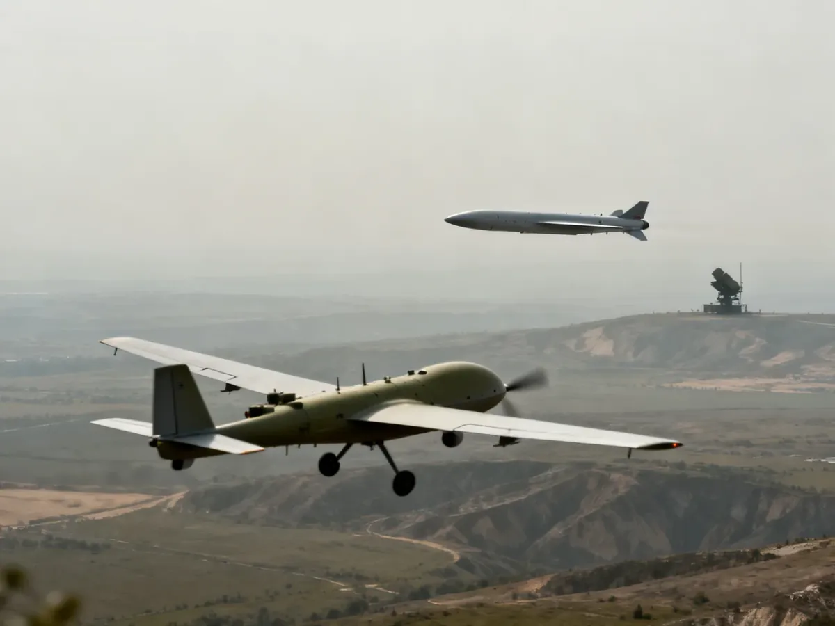 Dron bojowy i rakieta manewrująca podczas lotu nad terenem działań
