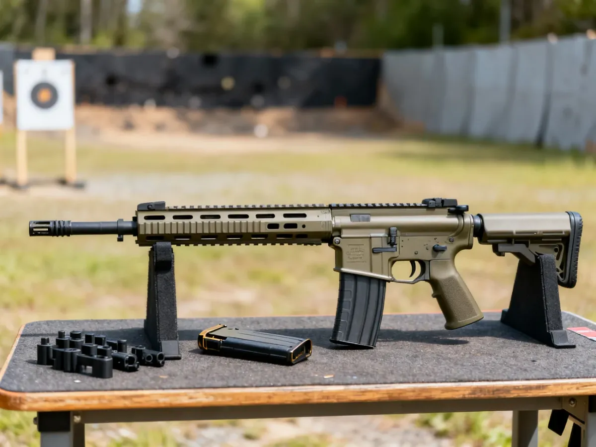 Cywilny karabinek AR-15 na stanowisku strzeleckim