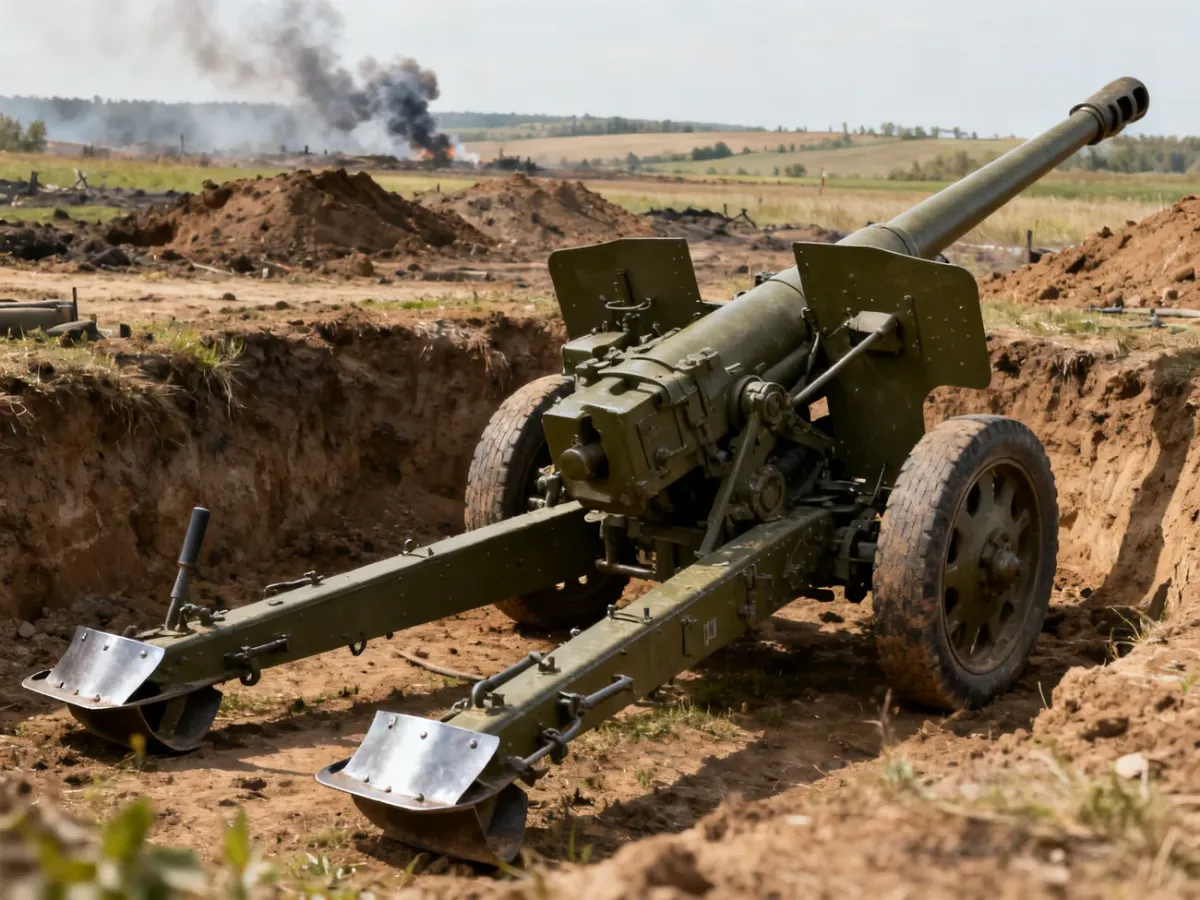 Radziecka haubica M-30 kalibru 122 mm na polowym stanowisku artyleryjskim
