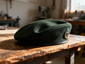 Nowoczesny granatnik przeciwpancerny spoczywający na metalowej powierzchni w wojskowym hangarze.