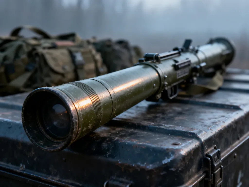Granatnik przeciwpancerny RPG-76 Komar spoczywający na metalowej powierzchni w otoczeniu sprzętu taktycznego.
