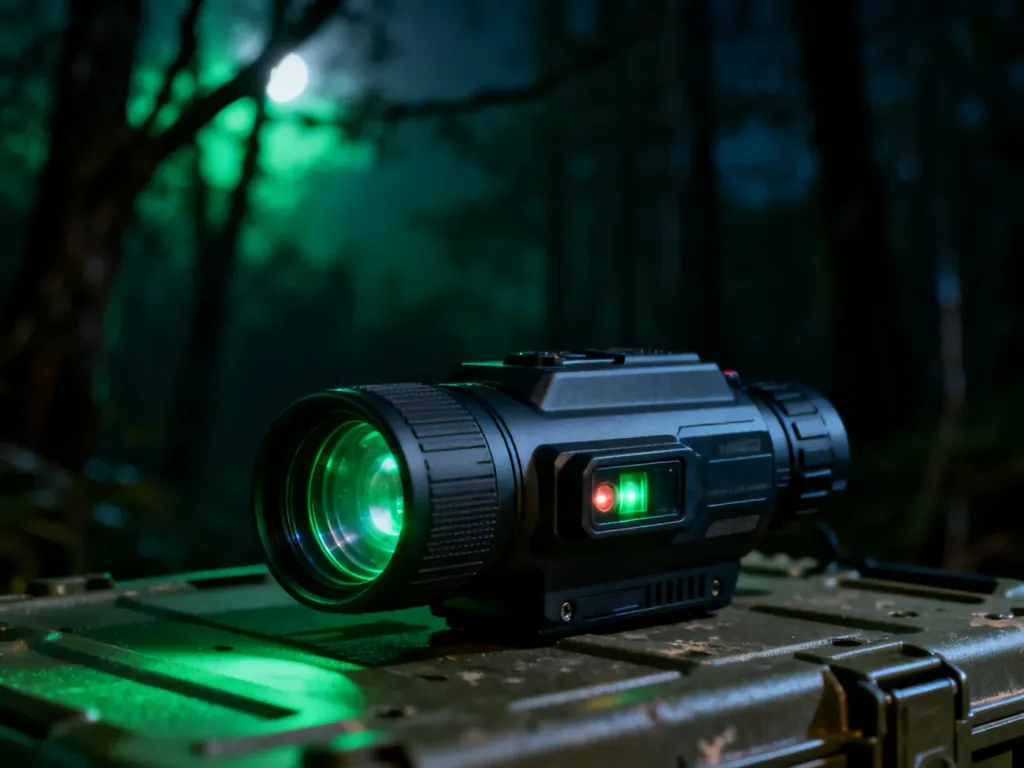 Cyfrowy monokular noktowizyjny na taktycznym podłożu w mrocznym lesie, prezentujący technologię obserwacji nocnej.