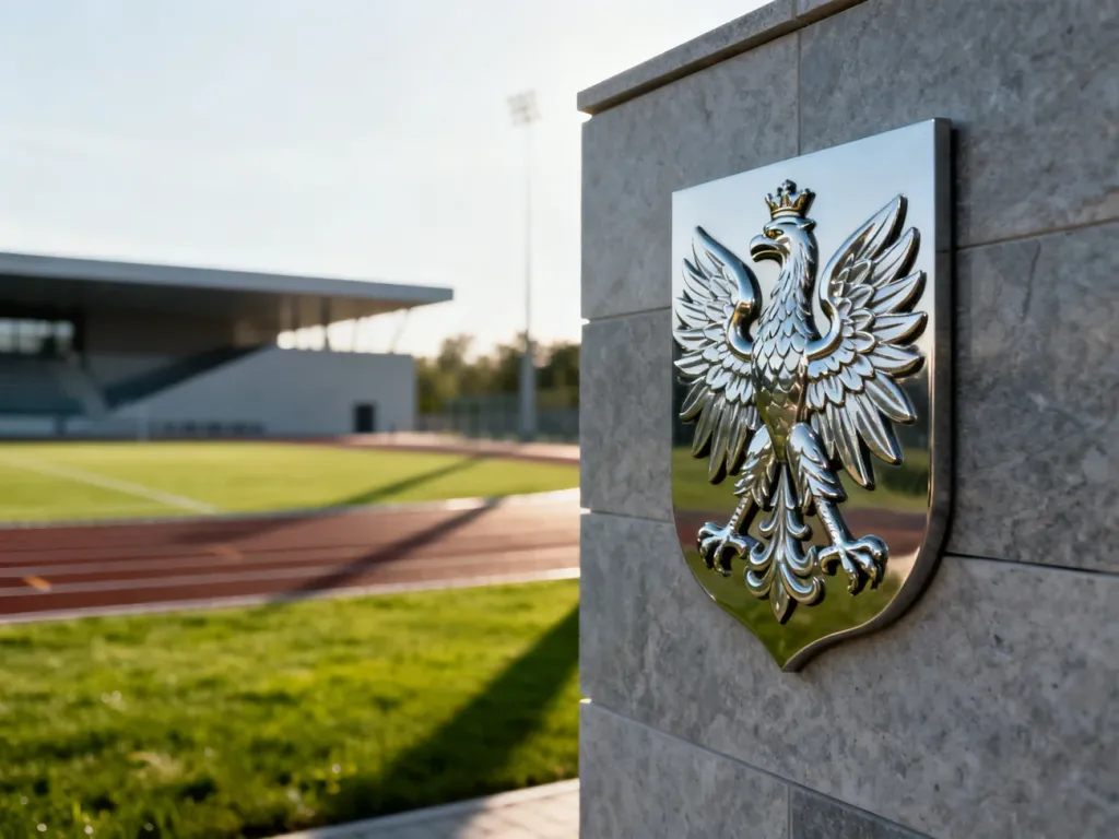 Nowoczesna siedziba Centralnego Wojskowego Zespołu Sportowego z godłem Wojska Polskiego na kamiennej ścianie.