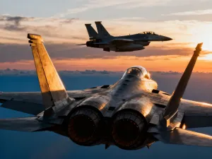 Myśliwiec Eurofighter Typhoon w locie na tle zachodzącego słońca, ukazujący aerodynamiczną sylwetkę maszyny.