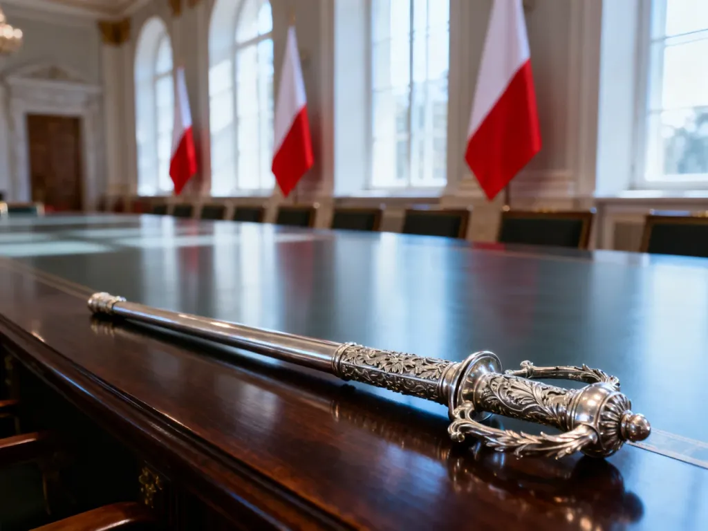 Srebrna buława marszałkowska na ceremonialnym stole w historycznej sali z polskimi flagami w tle.