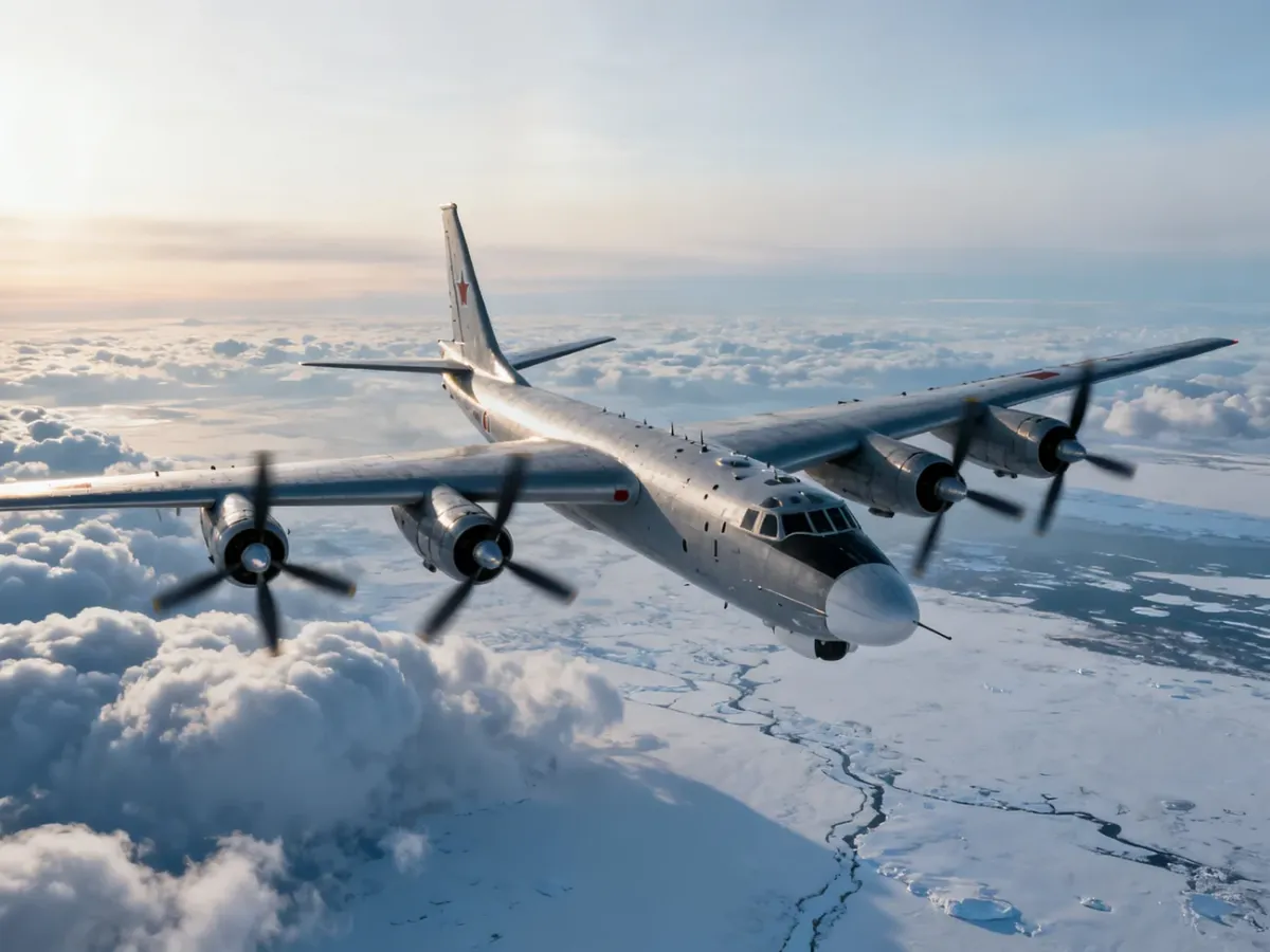 Bombowiec strategiczny Tu-95MS lecący nad arktycznymi chmurami
