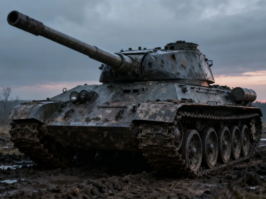 Działo samobieżne SU-152 na błotnistym polu bitwy w świetle zmierzchu, ukazujące detale pancerza i potężną armatę.