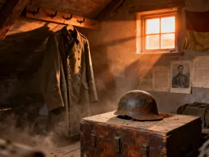 Mundur wojskowy na wieszaku i wypolerowane buty, symbolizujące gotowość do powrotu do służby.