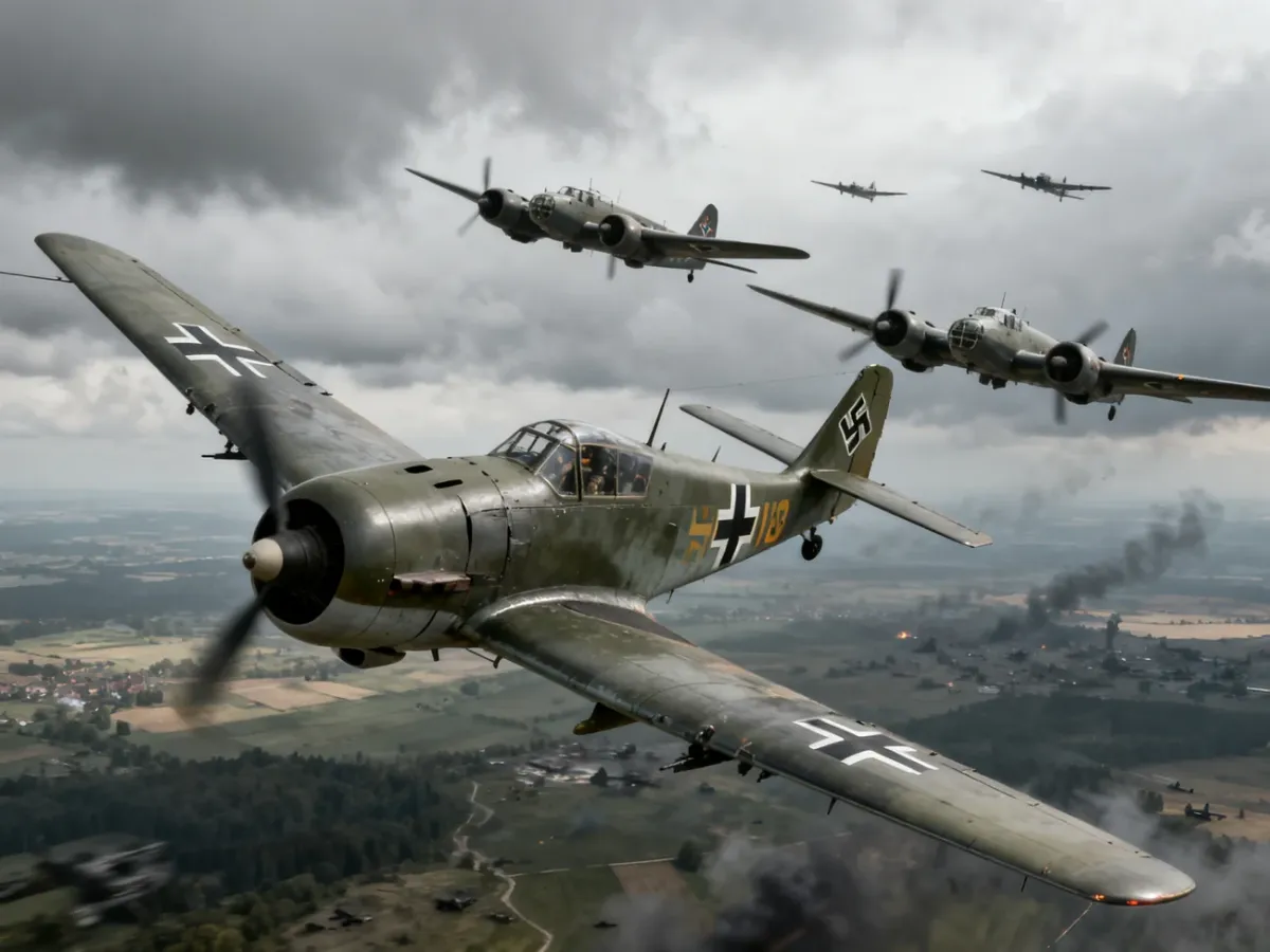Formacja niemieckich bombowców Luftwaffe nad europejskim krajobrazem
