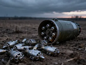 Nowoczesny nabój karabinowy spoczywający na drewnianym stole na tle technicznych schematów budowy amunicji.