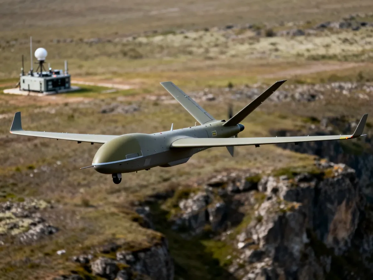 Wojskowy dron bezzałogowy nad terenem operacyjnym z naziemną stacją kontroli