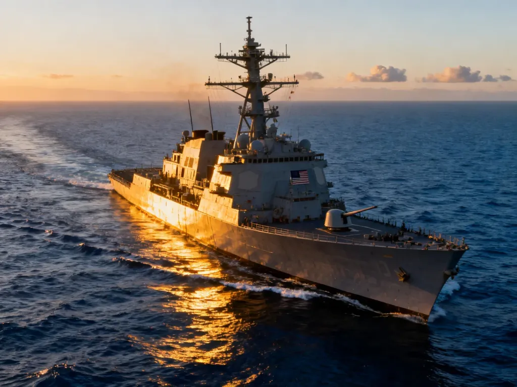 Nowoczesny niszczyciel Marynarki Wojennej USA płynący przez ocean w świetle zachodzącego słońca.