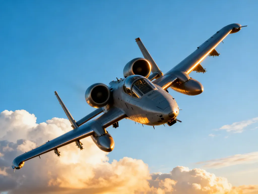 Nowoczesny samolot szturmowy lecący w bezchmurnym niebie, podkreślający aerodynamiczną konstrukcję maszyny.