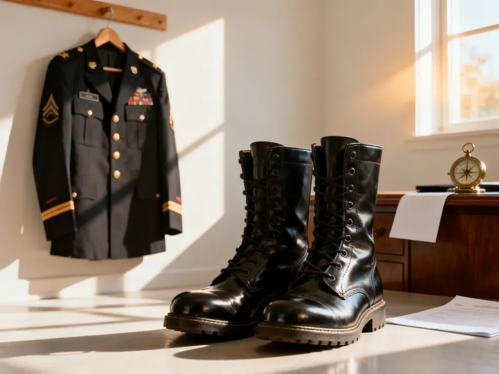 Mundur wojskowy na wieszaku i wypolerowane buty, symbolizujące gotowość do powrotu do służby.