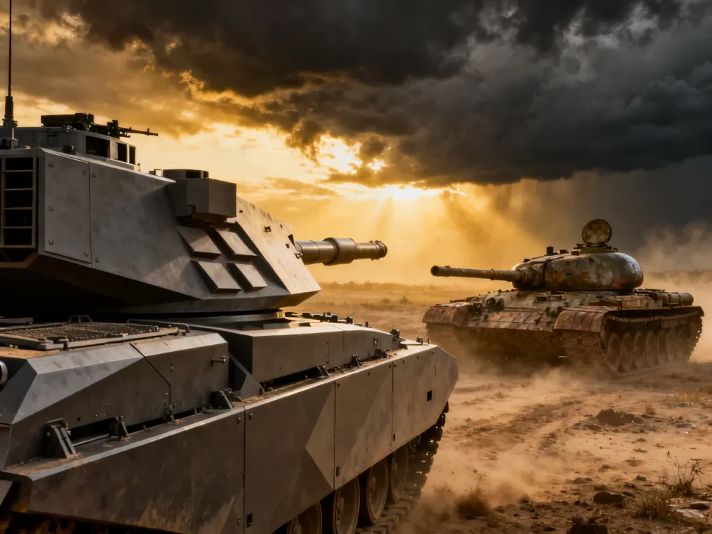 Czołg Challenger 2 oraz T-72 stojące naprzeciw siebie na polu bitwy w dramatycznym, popołudniowym świetle.