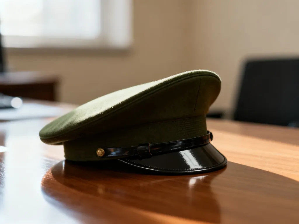 Wojskowy beret na drewnianym stole, symbolizujący gotowość do służby i wypełnianie obowiązków wobec kraju.