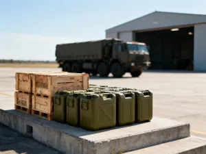 Nowoczesny dron bojowy typu stealth lecący nad pustynnym krajobrazem w świetle zachodzącego słońca.