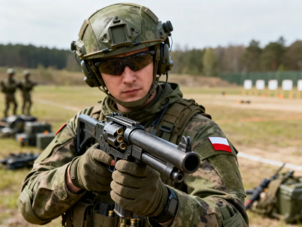 Polski żołnierz trzymający granatnik rewolwerowy RGP-40 na poligonie