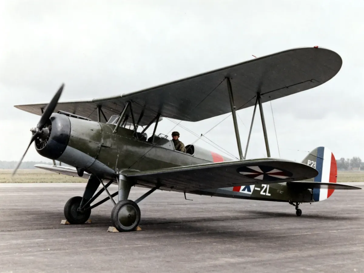 Polski myśliwiec PZL z charakterystycznym płatem Puławskiego na przedwojennym lotnisku