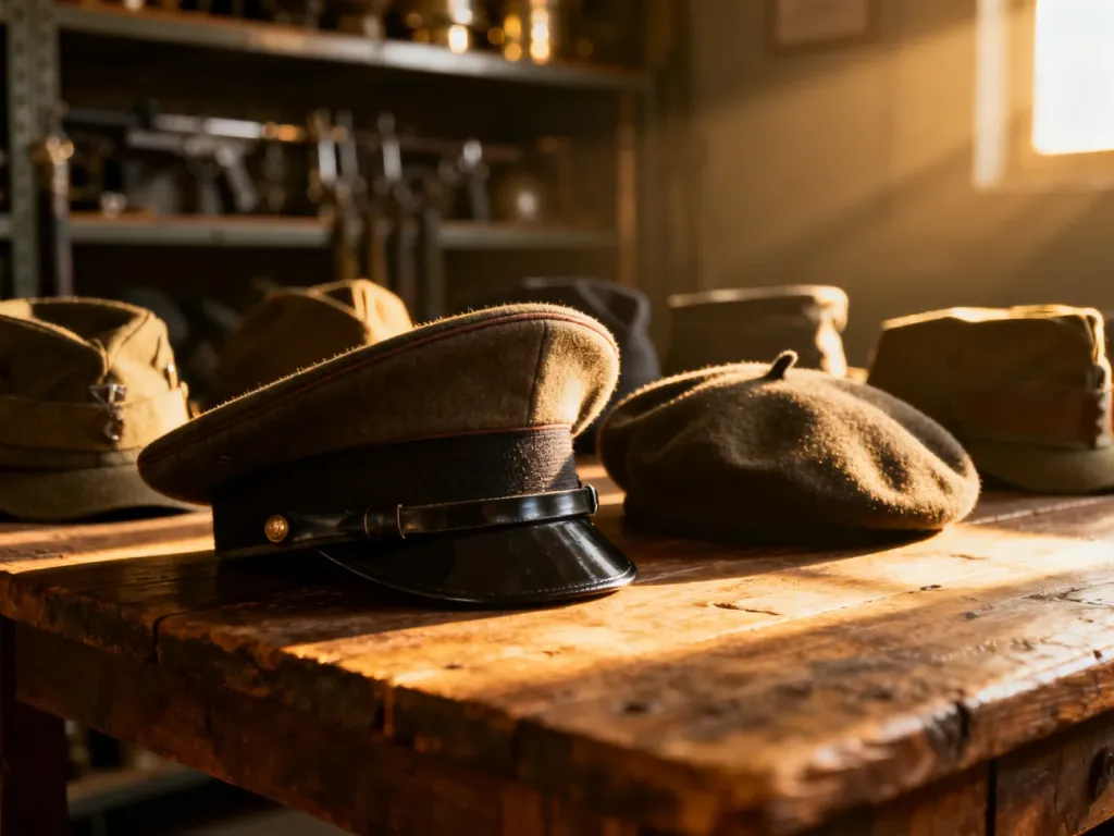 Różne rodzaje wojskowych nakryć głowy, w tym czapka rogatywka i beret, ułożone na drewnianym stole.