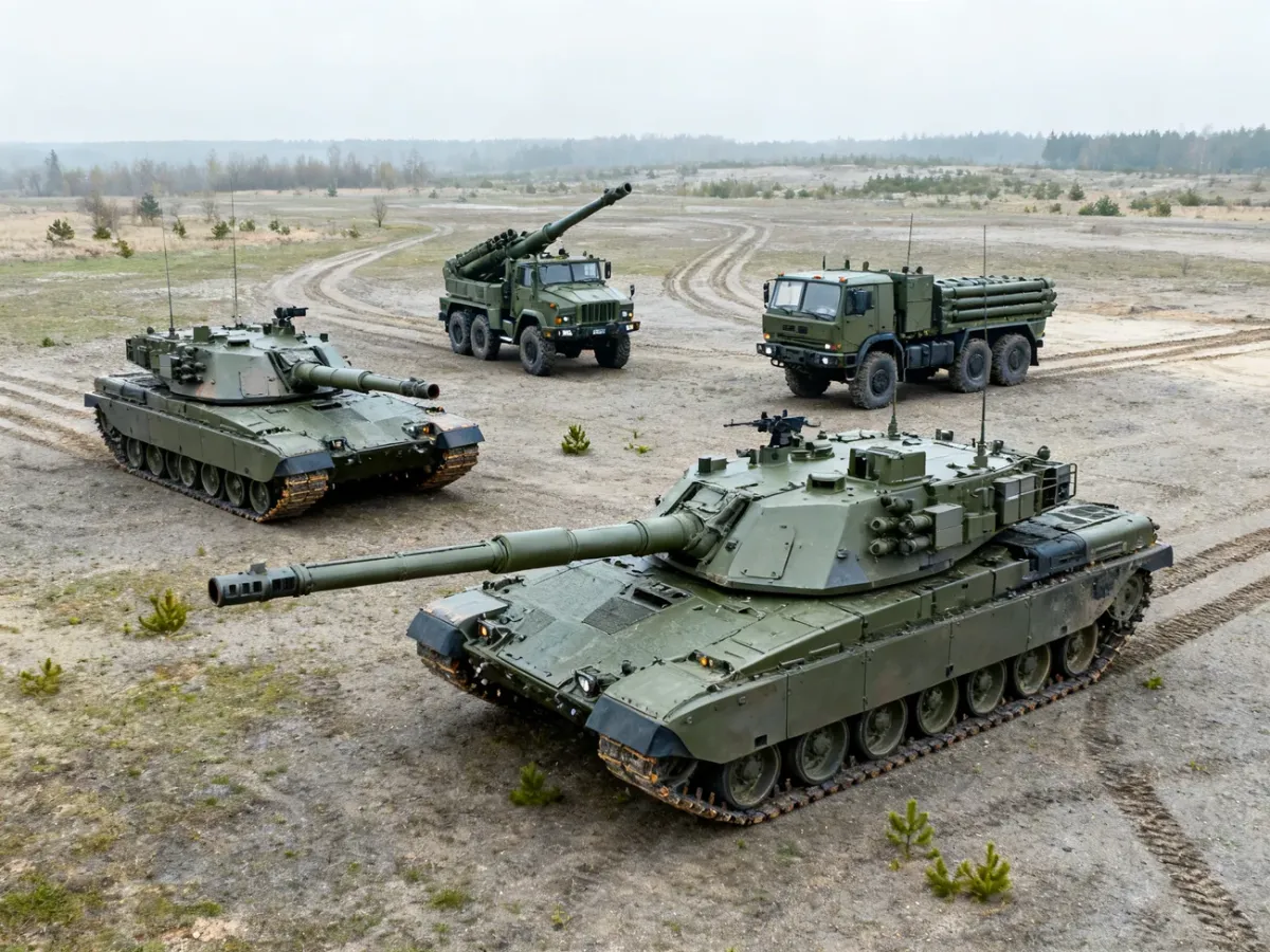 Cztery nowoczesne armatohaubice 155 mm na poligonie, w tym pojazdy gąsienicowe i kołowy CAESAR