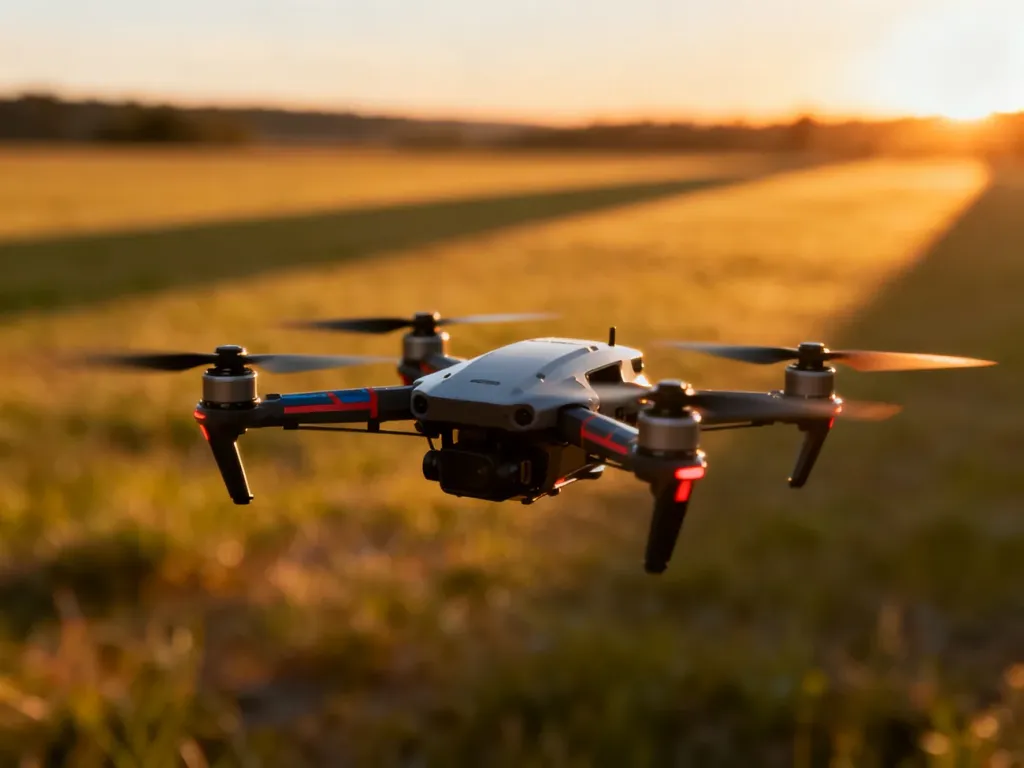 Nowoczesny dron wyścigowy FPV zawieszony w powietrzu na tle malowniczego zachodu słońca.