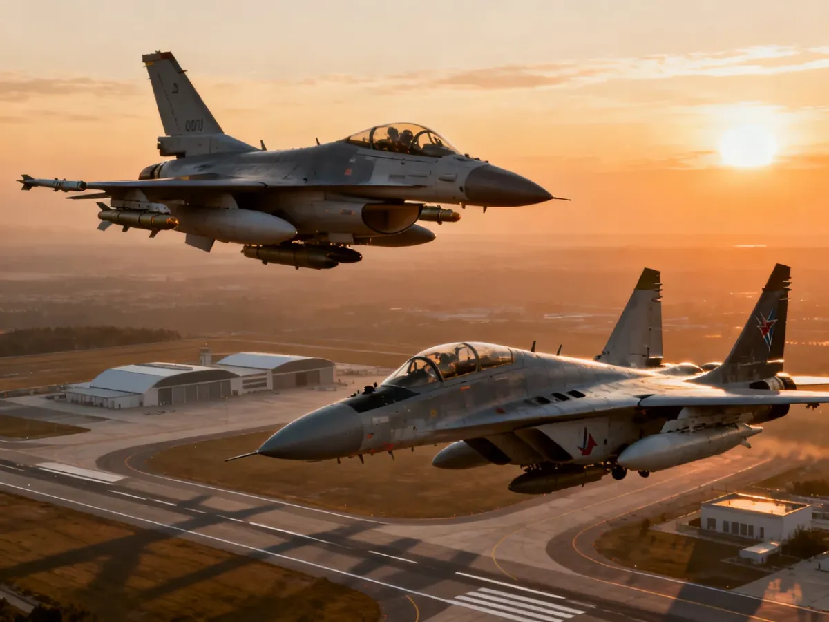 F-16 i MiG-29 lecące obok siebie nad bazą lotniczą