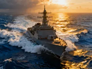 Nowoczesna fregata rakietowa płynąca przez ocean na tle dramatycznego zachodu słońca.