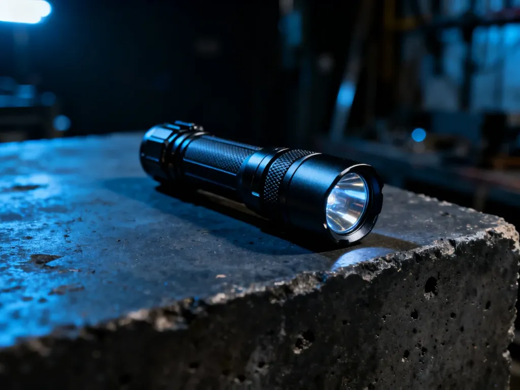Profesjonalna, czarna latarka taktyczna z metalową obudową spoczywająca na surowym, betonowym podłożu.