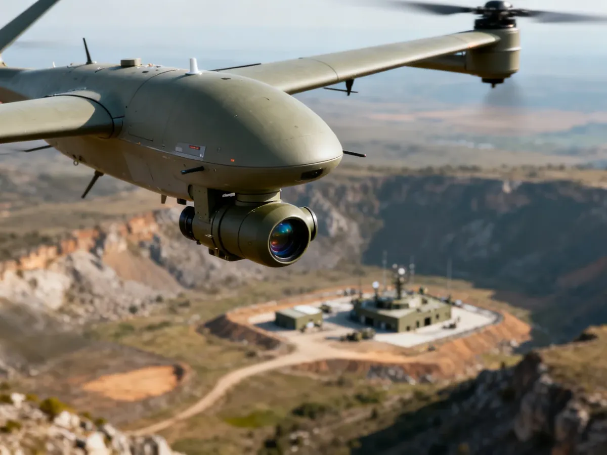 Wojskowy dron zwiadowczy obserwujący teren z widoczną głowicą optoelektroniczną
