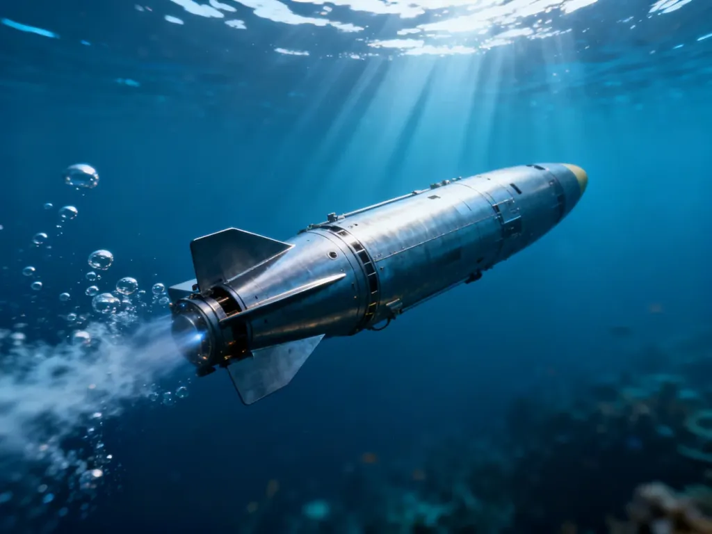 Nowoczesna torpeda podwodna poruszająca się w głębinach oceanu, pozostawiająca za sobą ślad pęcherzyków powietrza.