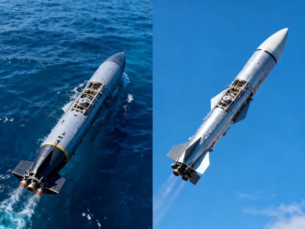 Porównanie torpedy poruszającej się pod wodą oraz rakiety lecącej w powietrzu, ukazujące różnice w ich środowisku działania.