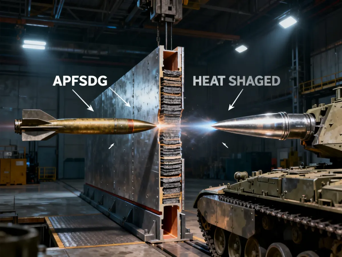 Przekrój porównujący działanie penetratora APFSDS i strugi kumulacyjnej HEAT na pancerz czołgu