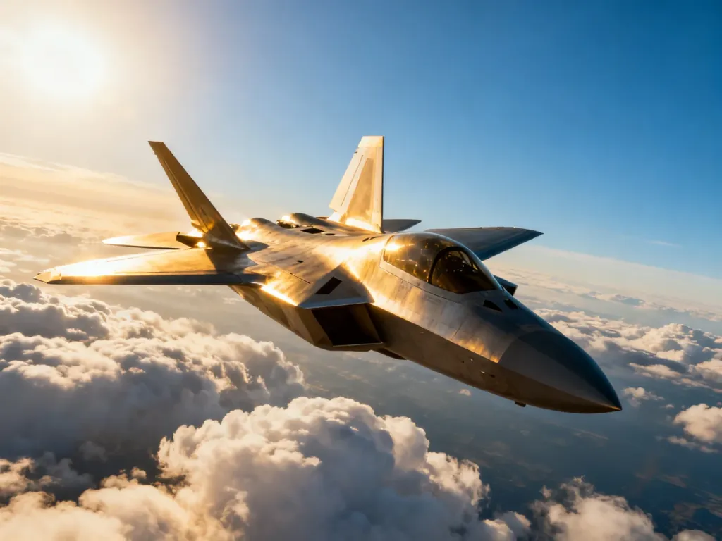 Myśliwiec F-22 Raptor lecący na dużej wysokości w promieniach zachodzącego słońca, ukazujący detale konstrukcji stealth.
