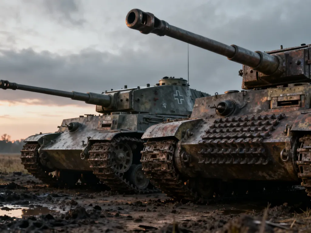 Czołgi Panzer V Panther i Tiger I stojące obok siebie na błotnistym polu bitwy w świetle zachodzącego słońca.