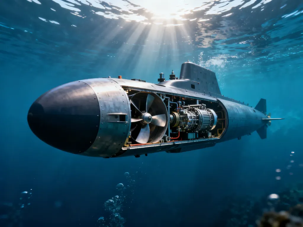 Przekrój nowoczesnej torpedy morskiej ukazujący jej wewnętrzne mechanizmy, systemy napędowe i układ naprowadzania.