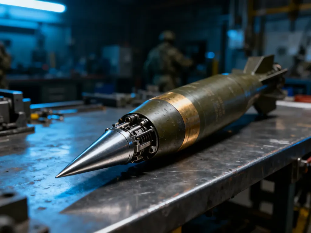 Zbliżenie na wolframowy penetrator pocisku podkalibrowego spoczywający na metalowym stole w warsztacie technicznym.