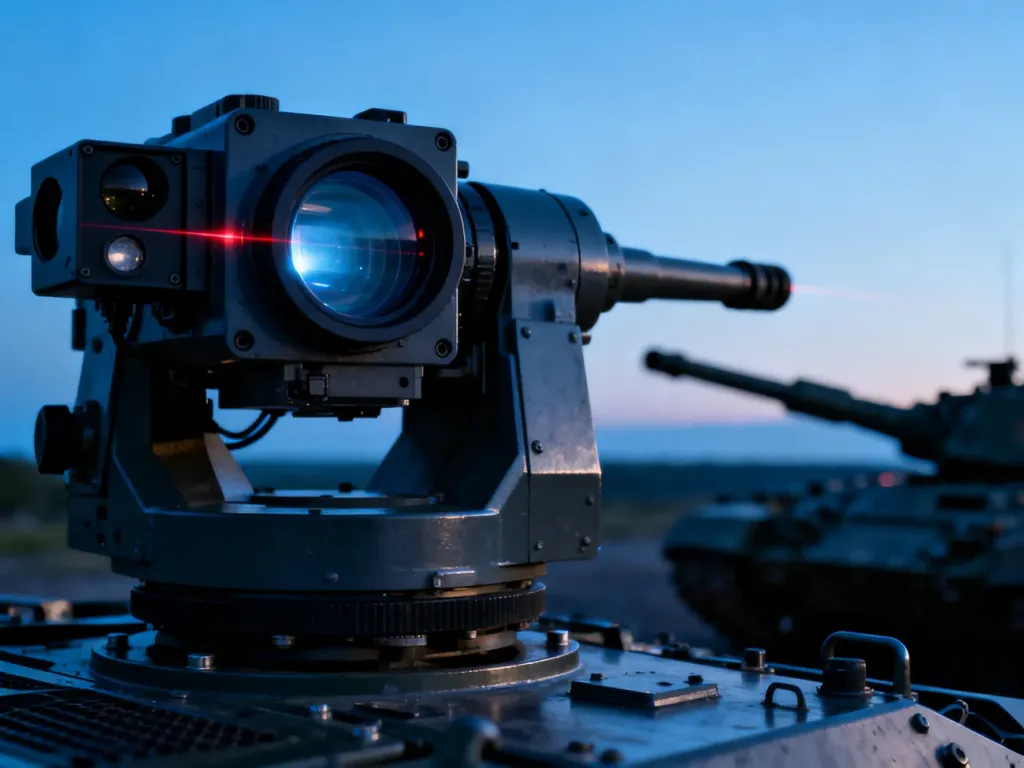 Nowoczesny system celowniczy czołgu z precyzyjną optyką i dalmierzem laserowym w chłodnym, wieczornym świetle.