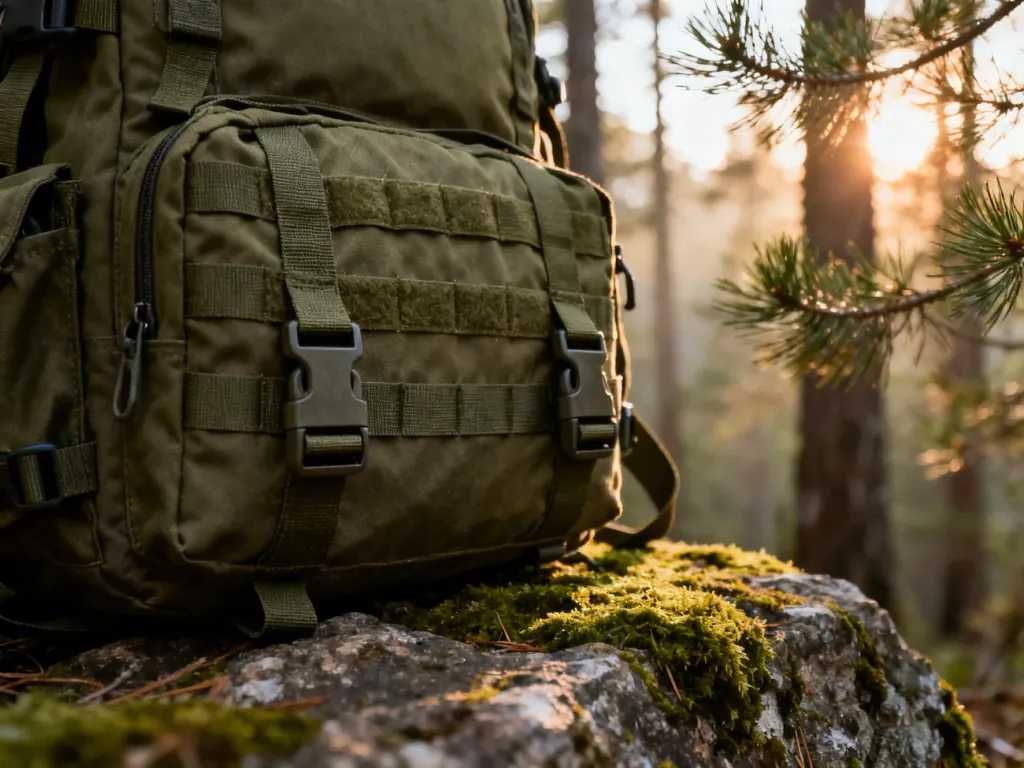 Oliwkowy plecak taktyczny z wytrzymałego materiału Cordura na leśnym podłożu, prezentujący system mocowania MOLLE.
