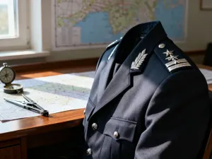 Profesjonalny sprzęt taktyczny, kamizelka i hełm bojowy na biurku, symbolizujące specjalistyczne szkolenia wojskowe.