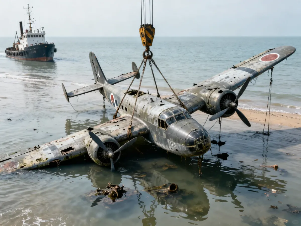 Wrak bombowca Dornier Do 17 wydobywany z wód kanału La Manche