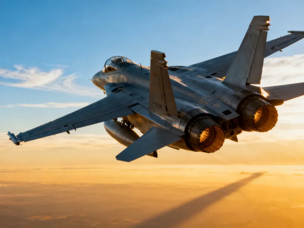 Nowoczesny myśliwiec w locie na tle zachodzącego słońca, prezentujący aerodynamiczną konstrukcję i silniki odrzutowe.