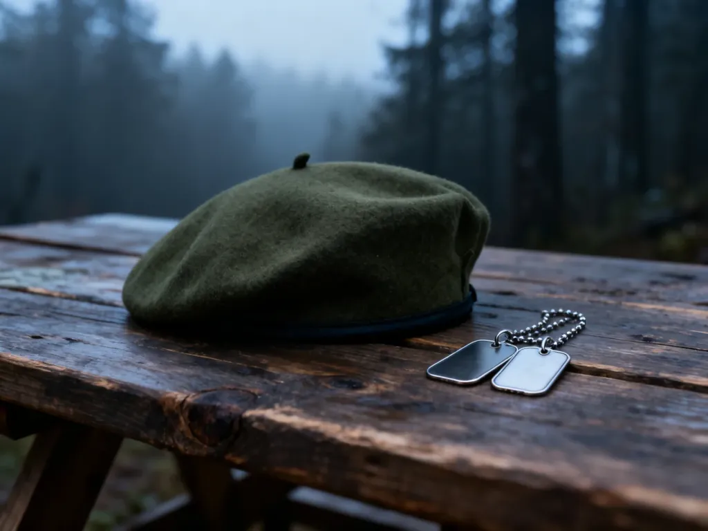 Zielony beret wojskowy oraz nieśmiertelniki leżące na drewnianym stole na tle zamglonego lasu.