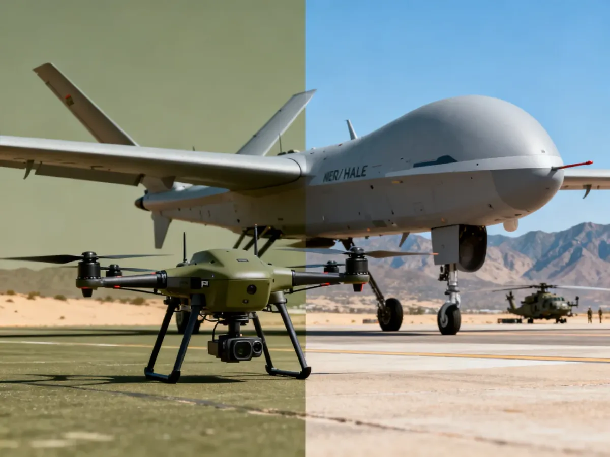Porównanie małego drona FPV z dużym dronem wojskowym klasy MALE lub HALE