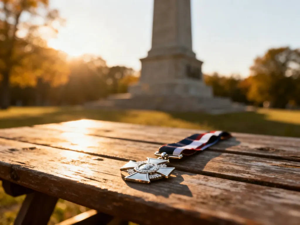 Srebrny medal wojskowy na drewnianym stole na tle historycznego pomnika w promieniach zachodzącego słońca.