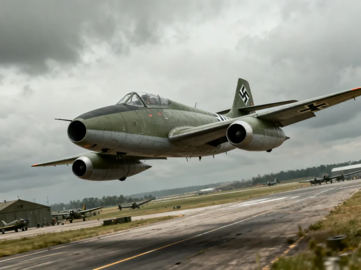 Messerschmitt Me 262 Schwalbe lecący nad lotniskiem wojskowym